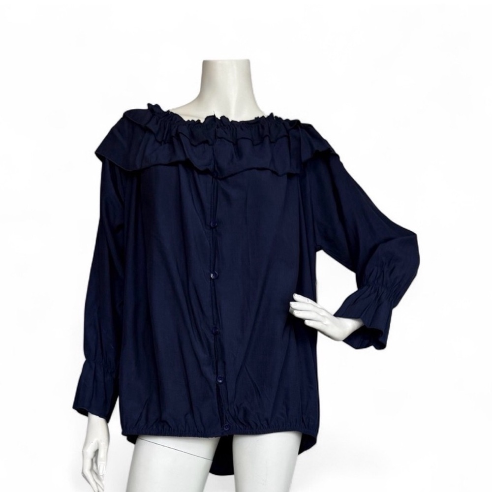 NWT Elliott & Vine Navy Blue Ruffle Off-Shoulder Long Sleeve Blouse Top Size 2X - Picture 2 of 9
